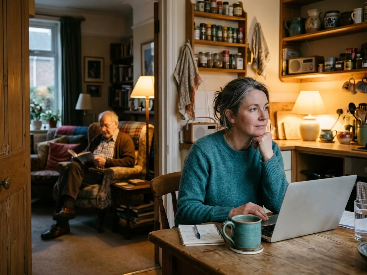 A woman at her kitchen table in the evening with a laptop and a mug of tea, her father resting in an armchair in the next room.