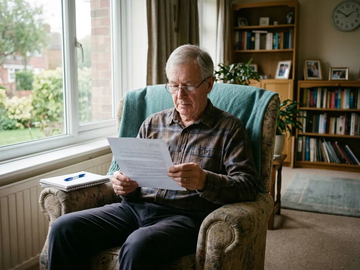 An older man sitting in an armchair by a window, reading a letter.