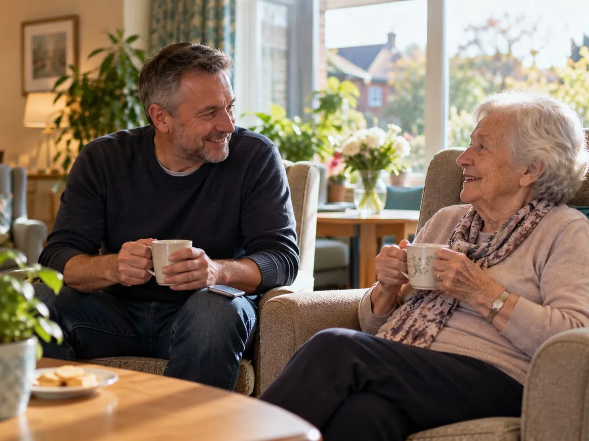 A man and his elderly mother sitting in armchairs in a bright care home lounge, each holding a cup of tea and smiling at each other.