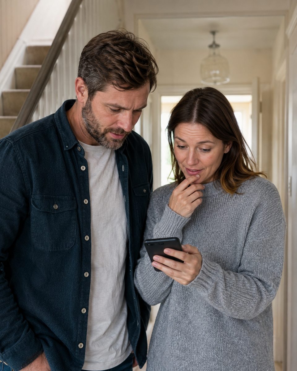 Two adult siblings looking at a phone together, organising care for a parent