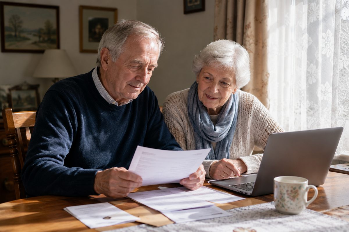An older couple reviewing care funding paperwork together at home